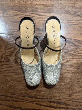 Vintage Graye Snake Square Toe Mules with Brown Ankle Strap